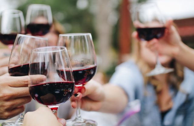 Gruppe st&ouml;&szlig;t mit Rotwein an