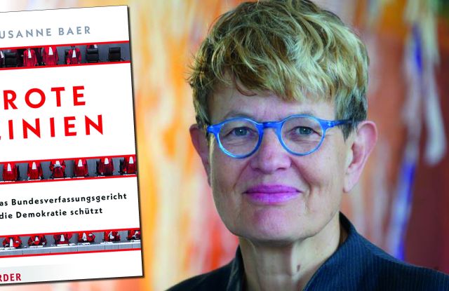 Autorin Susanne Baer und das Cover ihres Buches "Rote Linien", &copy; Petra Rickert; Herder Verlag; vhs Heilbronn