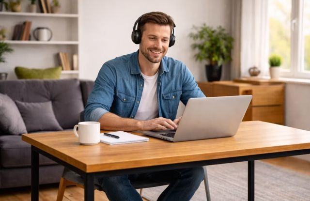 Mann sitzt an einem Tisch und arbeitet an seinem Laptop