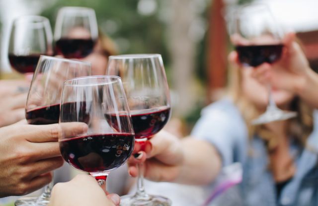 Gruppe stößt mit Rotwein an