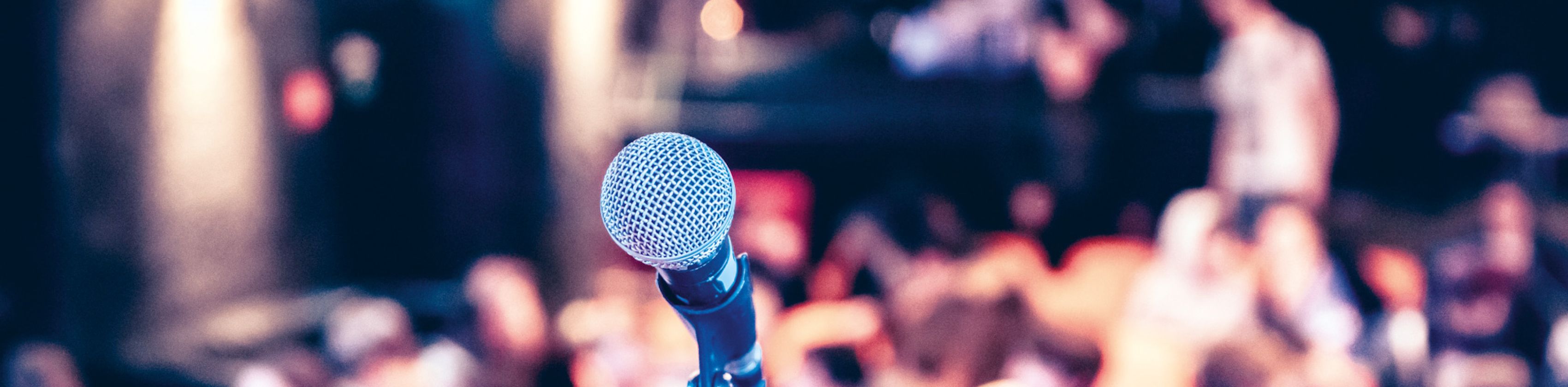 Blick von einer B&uuml;hne &uuml;ber ein Mikrophon im Vordergrund  in einen vollen Zuschauerraum, &copy; HHN