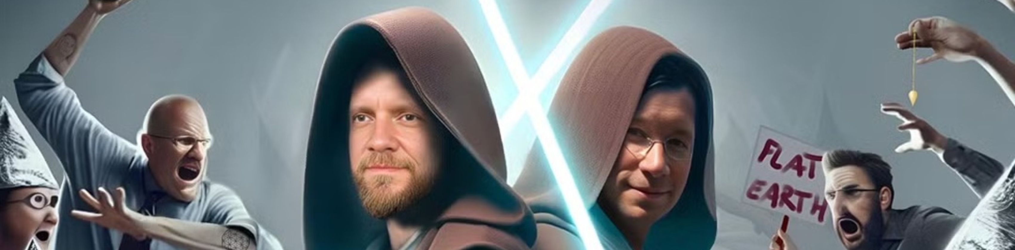 Zwei Männer mit Laserschwertern