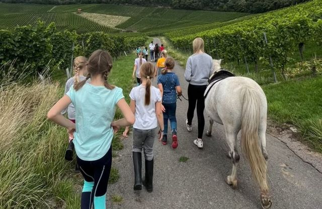 Kinder spazieren mit Pferd in den Reiterferien