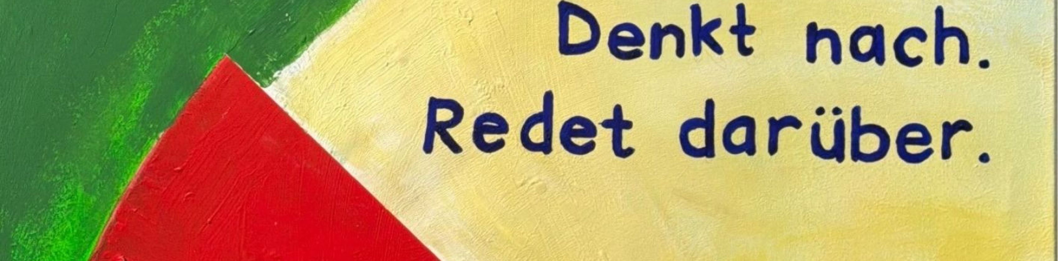 Ein Kuchendiagramm mit der Aufschrift "Denkt nach. Redet dar&uuml;ber." Darin: ein hervorgehobenes St&uuml;ck mit der Aufschrift "ICH IM WIR"., &copy; Elisabeth Ott